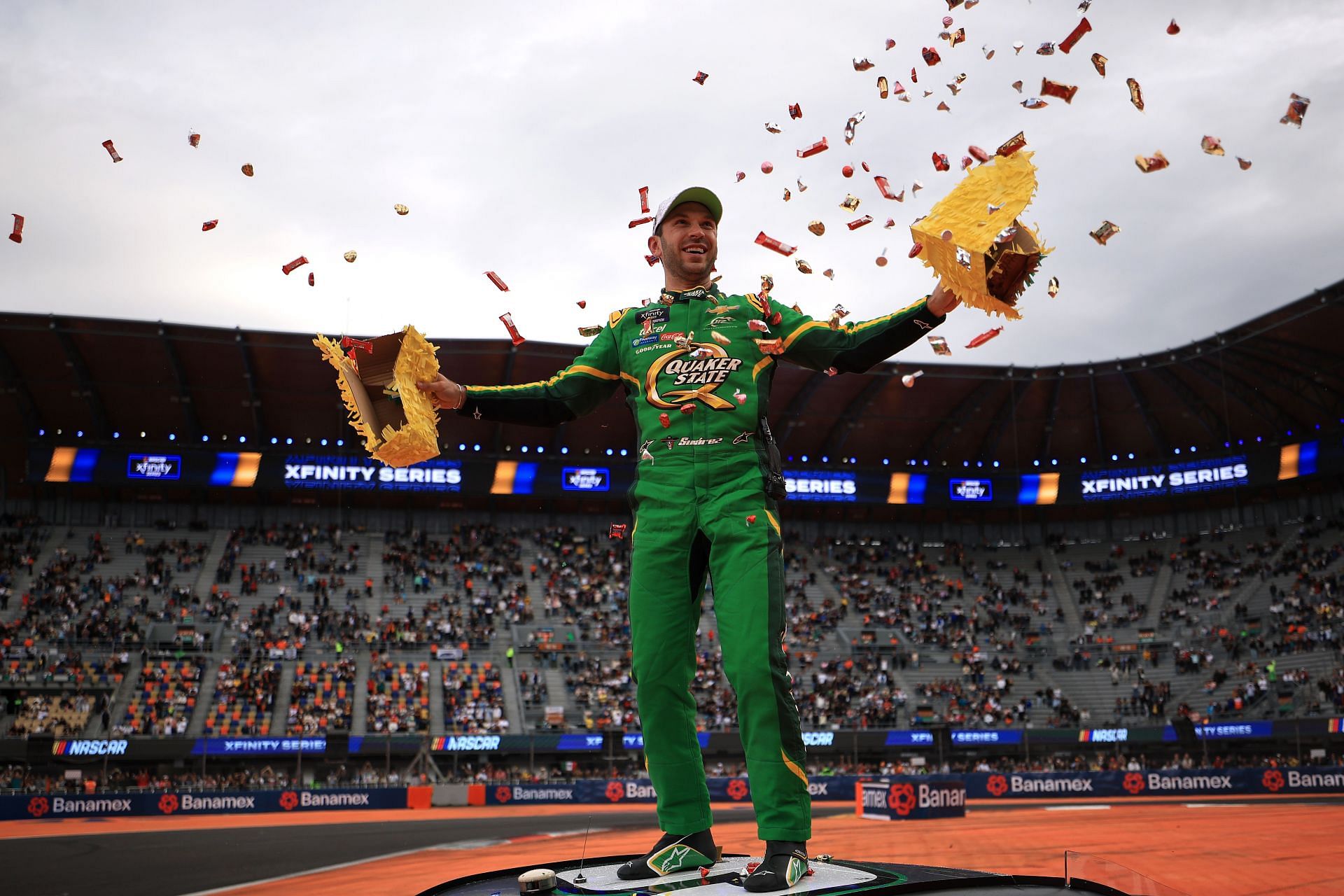 Daniel Suarez, driver of the #9 Quaker State Chevrolet, celebrates with a pinata after winning the NASCAR Xfinity Series The Chilango 150 at Autodromo Hermanos Rodriguez - Source: Getty
